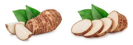 fresh taro root with slices and leaf isolated on white background