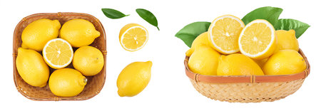 Ripe lemons in wicker basket isolated on white background. Top view. Flat lay.の写真素材