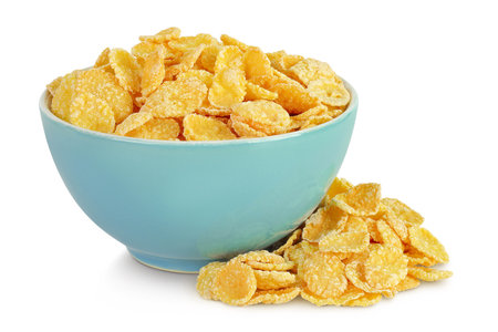 Cornflakes in ceramic bowl isolated on white background.