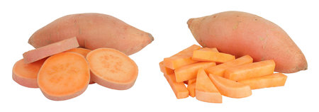 Sweet potato with slices isolated on white background with full depth of fieldの写真素材