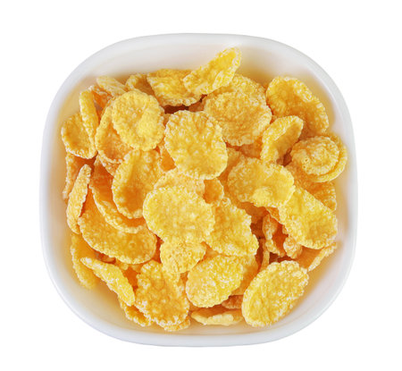 Cornflakes in ceramic bowl isolated on white background.