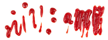 Red tomato sauce or ketchup isolated on white background . Top view. Flat layの写真素材