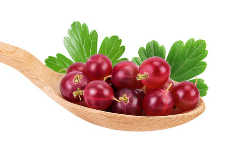 Red gooseberry in wooden spoon isolated on white background with full depth of field.の写真素材