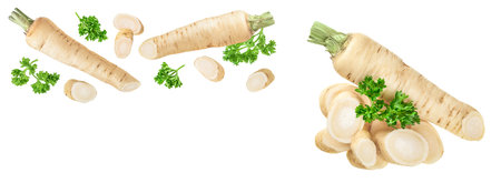 Parsley root with slices and leaves isolated on white background with copy space for your text. Top view. Flat layの写真素材