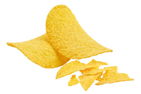 Potato chips isolated on white background with full depth of field.