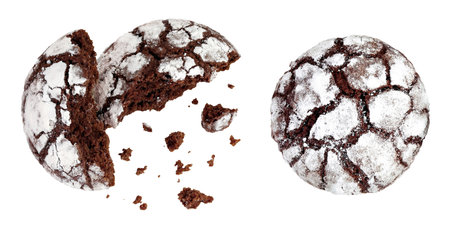 Chocolate brownie cookie isolated on white background. Top view. Flat lay