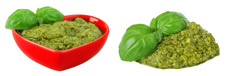Pesto sauce in ceramic bowl isolated on white background. Top view. Flat layの写真素材