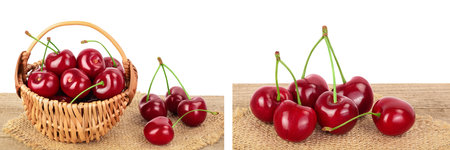 red sweet cherry in a wicker basket on wooden table isolated on white background with full depth of...