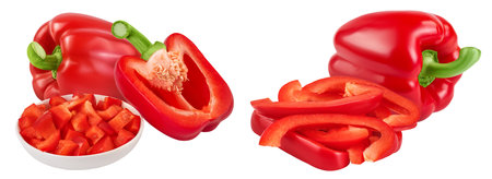slices of red sweet bell pepper in ceramic bowl isolated on white background with full depth of fieldの写真素材