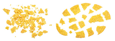 Potato chips isolated on white background with full depth of field. Top view. Flat lay
