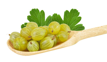 Green gooseberry in wooden spoon isolated on white background with full depth of fieldの写真素材