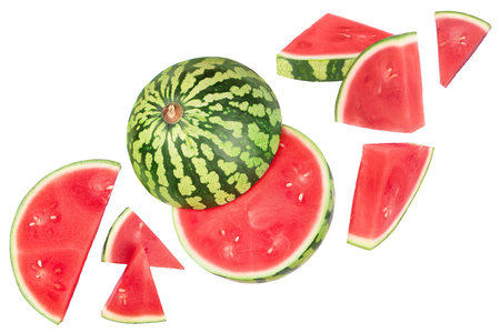 Red seedless watermelon isolated on white background. Top view. Flat layの写真素材