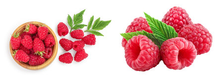 raspberries in wooden bowl with leaves isolated on white background. Top view. Flat lay