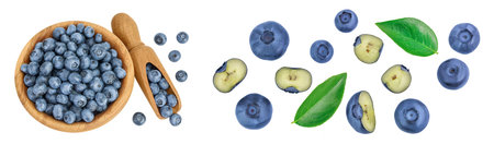 blueberry in wooden bowl isolated on white background. Top view. Flat lay.