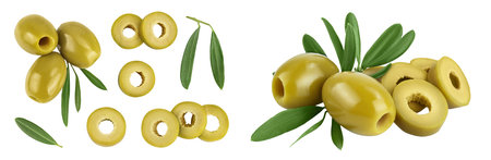 Green olives with leaves isolated on a white background with full depth of field. Top view. Flat layの写真素材
