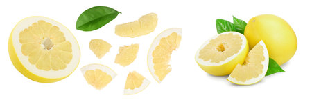 pomelo with slice and leaf isolated on white background with copy space for your text . Top view. Flat lay.の写真素材