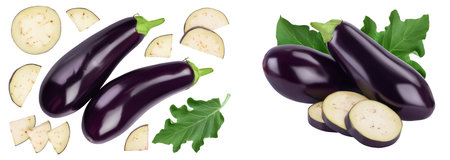 Eggplant or aubergine isolated on white background with full depth of field. Top view. Flat lay.の写真素材