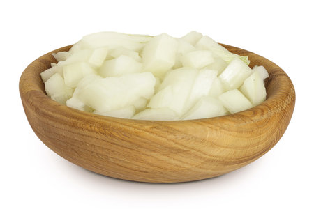 Onion slices in a wooden bowl isolated on a white backgroundの写真素材