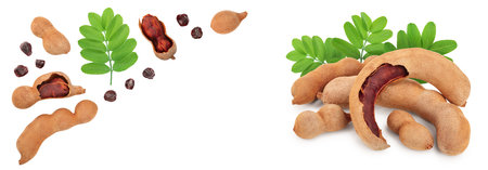 Tamarind fruit with leaf and seed isolated on white background with copy space for your text. Top view. Flat layの写真素材