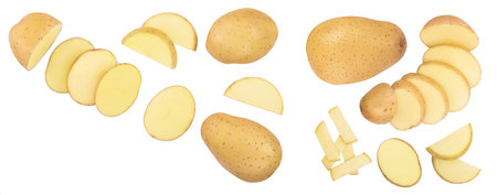 Young potato isolated on white background. Harvest new. Top view. Flat lay, Set or collectionの写真素材