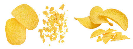 Potato chips isolated on white background with full depth of field. Top view. Flat lay.の写真素材