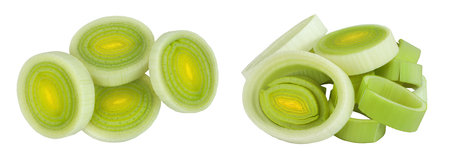 sliced Leek vegetable isolated on white background. Top view. Flat lay