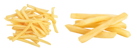 French fries or fried potatoes isolated on white background with full depth of field. Top view. Flat...
