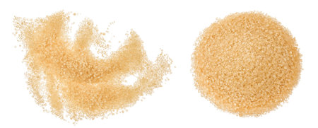 pile of brown granulated sugar isolated on white background. Top view, flat layの写真素材