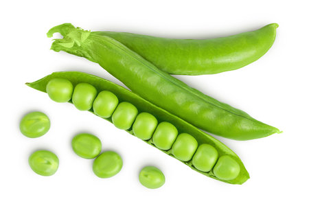 Fresh green pea pod with beans isolated on white background. Top view. Flat layの写真素材