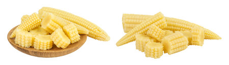 Pickled young baby corn cobs in wooden bowl isolated on white backgroundの写真素材