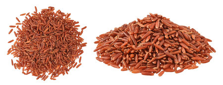 red rice heap isolated on white background. Top view. Flat layの写真素材