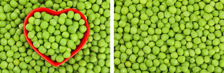 Fresh green peas in red ceramic bowl as a background. Top view. Flat layの写真素材
