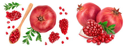 Pomegranate isolated on white background with full depth of field. Top view. Flat layの写真素材