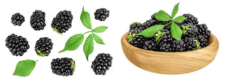 blackberry with leaf in wooden bowl isolated on a white background. Top view. Flat lay