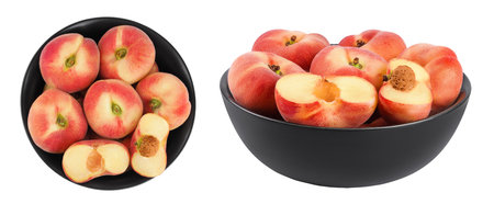 peaches in ceramic bowl isolated on white background. Top view. Flat layの写真素材