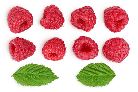 Ripe raspberries with leaf isolated on a white background. Top view. Flat lay