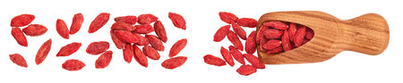 Dried goji berries isolated on white background. Top view with copy space for your text. Flat lay.の写真素材