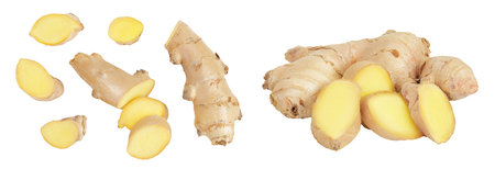 Fresh Ginger root and slices isolated on white backgroundの写真素材