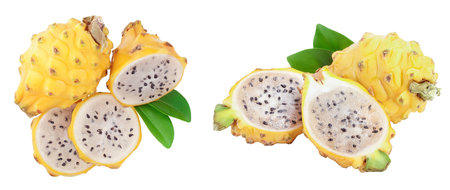 Dragon fruit, Pitaya or Pitahaya yellow with leaf isolated on white background. Top view. Flat layの写真素材