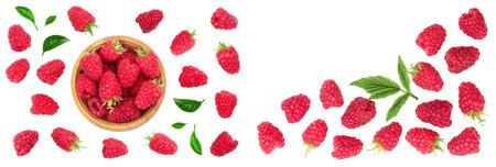 raspberries in wooden bowl with leaves isolated on white background with copy space for your text....