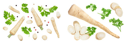 Parsley root with slices and leaves isolated on white background. Top view. Flat layの写真素材