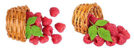 Ripe raspberries in wicker basket isolated on a white background. Top view. Flat lay