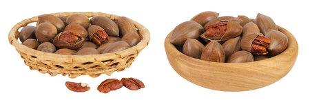 pecan nut in a wicker basket isolated on white background with full depth of field