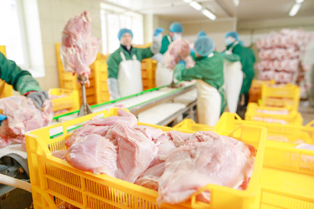 turkey production process, turkey poultry farm, worker cuts poultry meatの写真素材