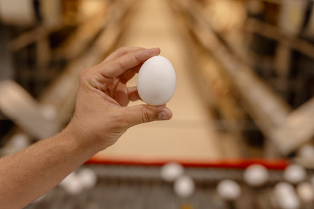 chicken egg in the farmer's hand close-up at the poultry farmの写真素材