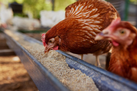 chicken eats feed and grain at eco chicken farm, free range chicken farmの写真素材