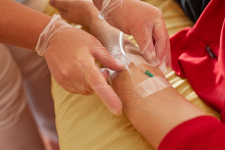doctor puts a drip to a patient close-up, selective focusの写真素材