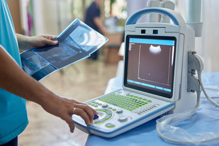 doctor holding x-ray scan in hospital room near ultrasound machine, mobile x-ray machine, selective focusの写真素材