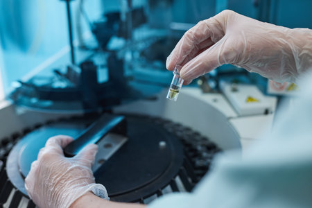 Woman preparing for medical research with centrifuge in hospital, selective focus