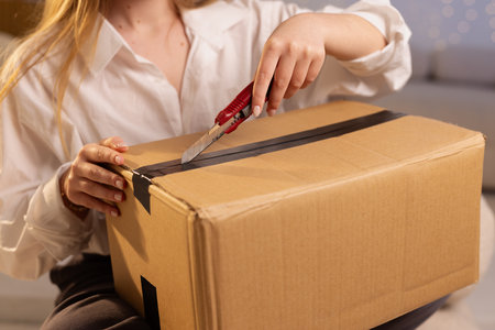 girl unpacks a parcel with a stationery knife, unpacking a cardboard box, online shipping, parcel delivery serviceの写真素材